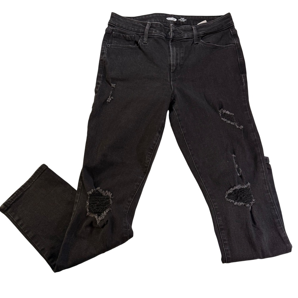 Old Navy Power Slim Straight Women 10 Black Distressed Mid-Rise Jeans Thrashed